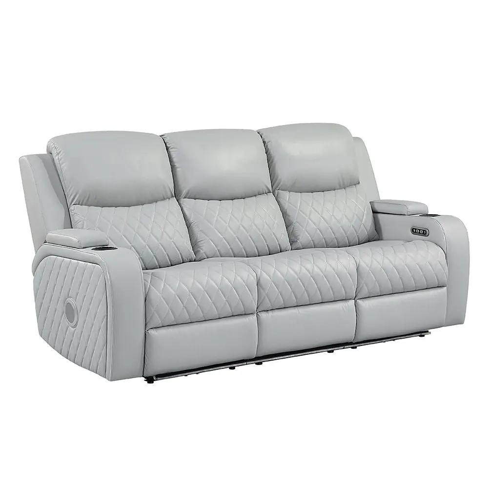Elonzo - Power Motion Sofa With LED, Power Headrest & Speaker - Light Gray by Unique Piece Furniture