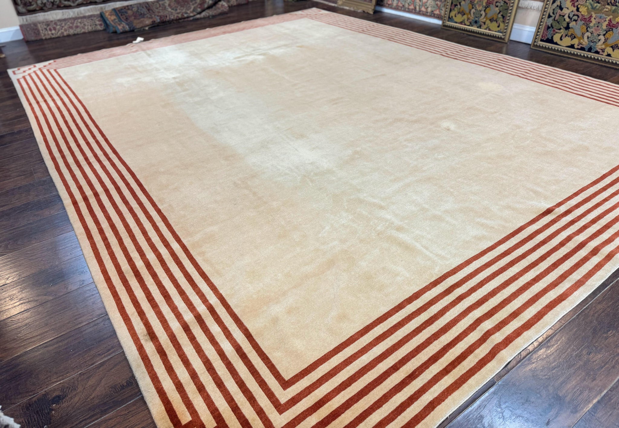 Modern Tibetan Rug 11 x 14.6, Wool and Silk, Simple Design, Handmade Large Area Rug, Cream by Jewel Rugs