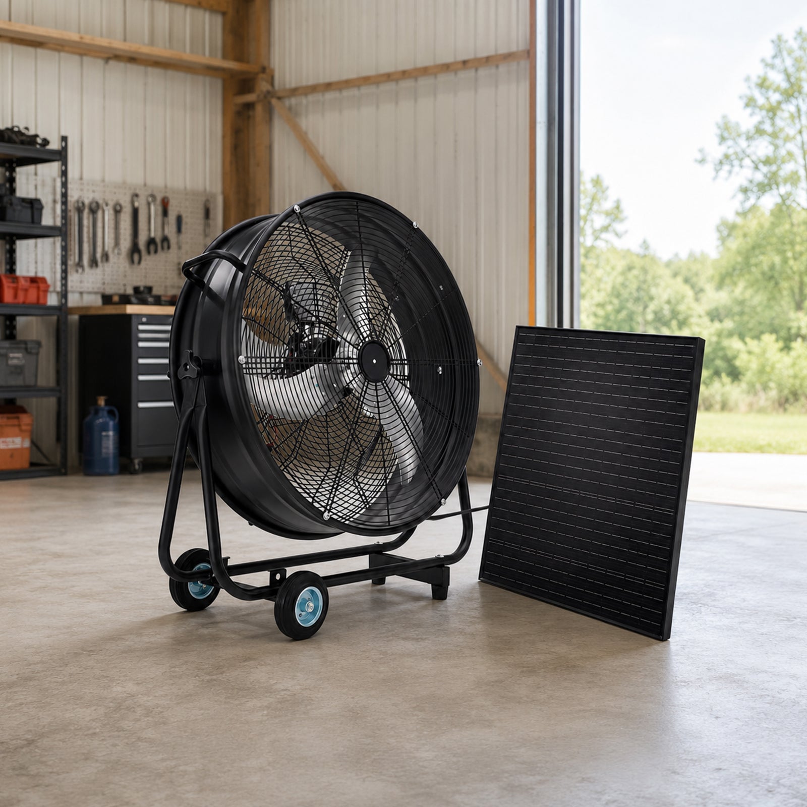 30" Wheeled Solar Fan with 140W Adjustable Monocrystalline Solar Panel by HouseOfZazla