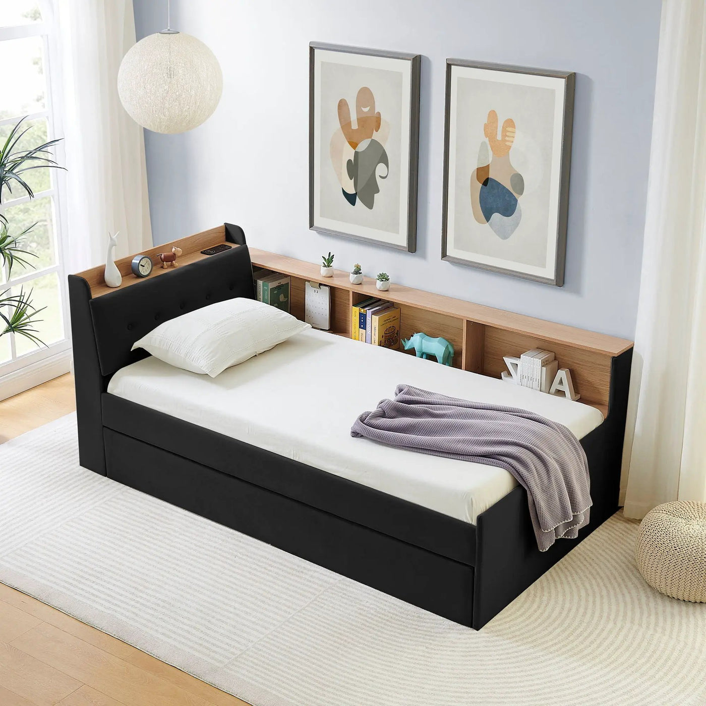 Upholstered Daybed With Storage Headboard, Wireless Charging, LED Lights by HouseOfZazla