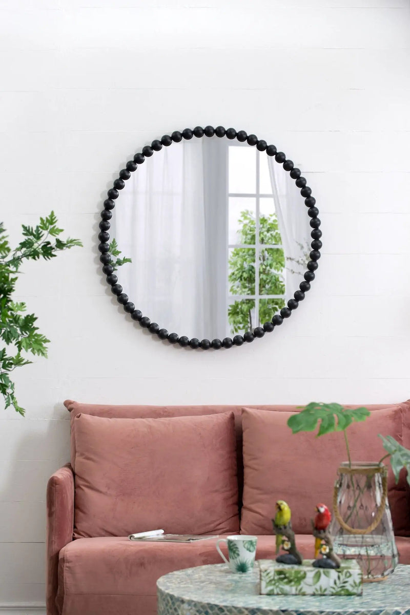 Circle Mirror With Metal Beaded Frame, Wall Mirror For Living Room Bedroom Entryway - Black by Unique Piece Furniture