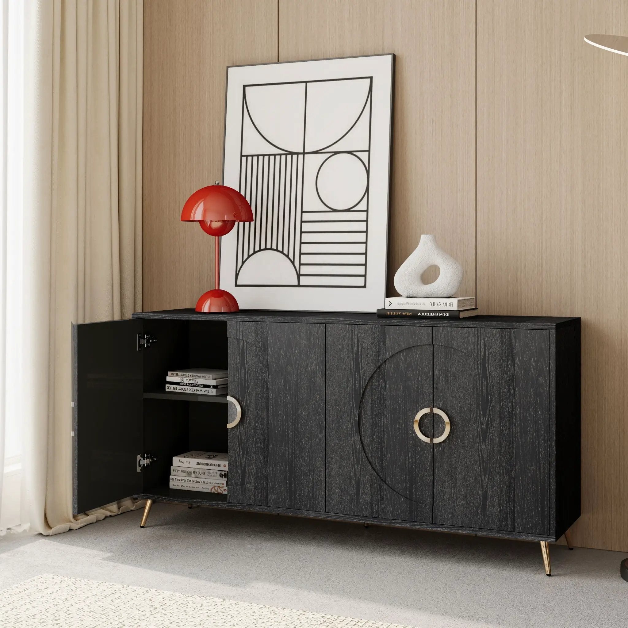 Modern Lacquered 4 Door Wooden Cabinet Sideboard Buffet Server Cabinet Storage Cabinet, For Living Room, Entryway, Hallway, Office, Kitchen And Dining Room by Unique Piece Furniture
