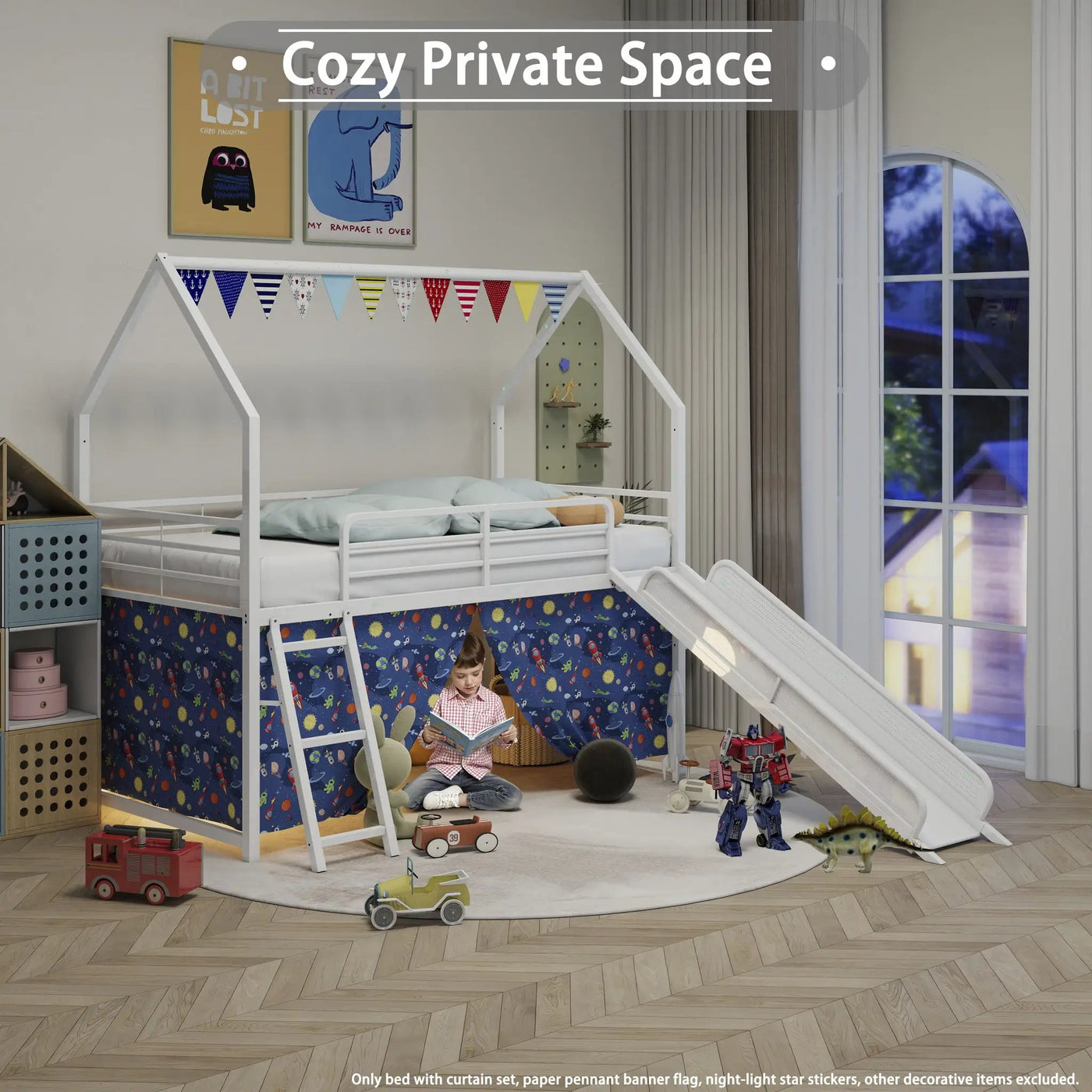 Jack - House Loft Bed With Slide And Curtain Set by HouseOfZazla