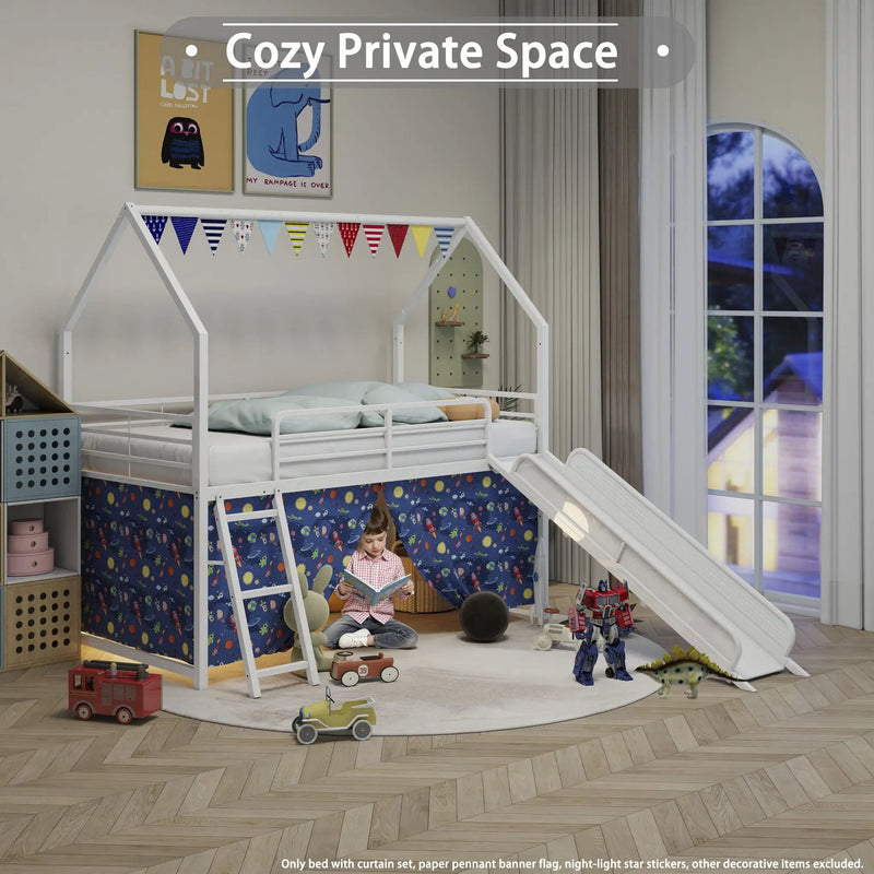 Jack - House Loft Bed With Slide And Curtain Set by HouseOfZazla