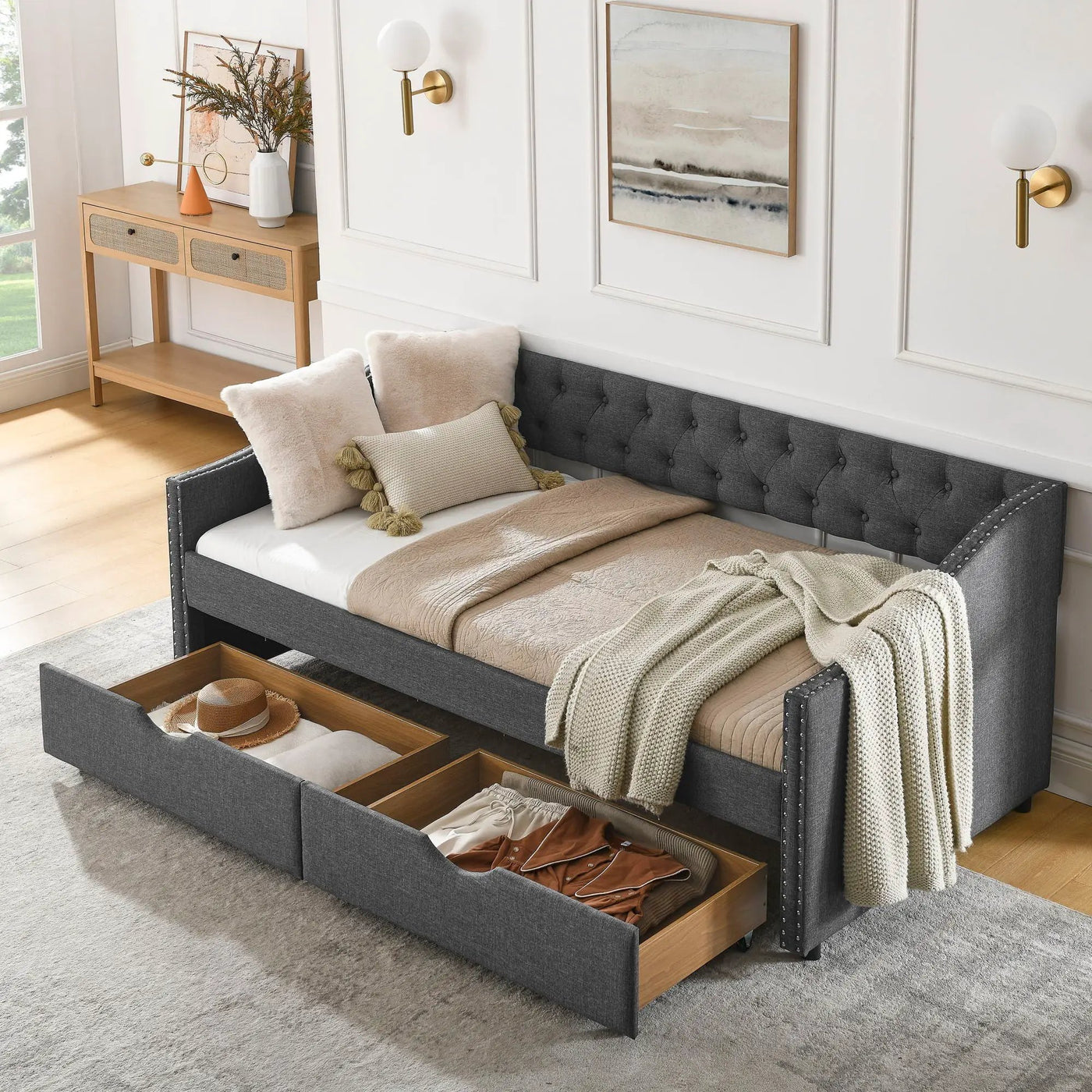Upholstered Tufted Daybed With 2 Drawers, Waved Arms by Unique Piece Furniture