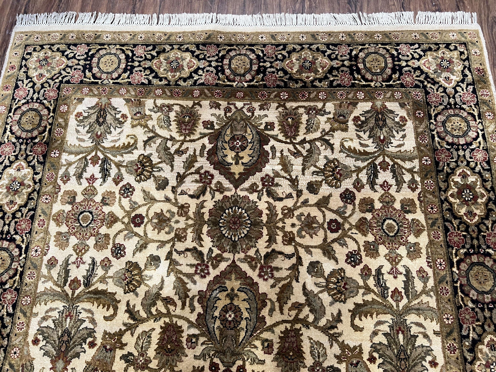Indo Mahal Rug 6x9, Indian Floral Carpet 6 x 9, Beige and Black, Allover Design, Living Room Rug, Bedroom Rug, Traditional Rug, Vintage Rug by Jewel Rugs
