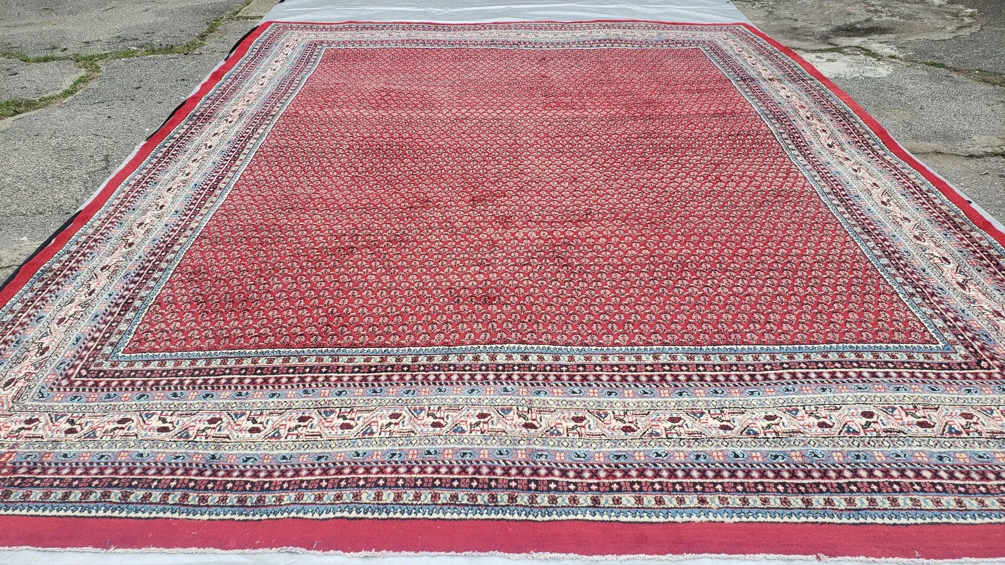 Persian Sarouk Mir Pattern, Red and Beige, Hand-Knotted, Wool, Paisley Boteh Design, 9'9" x 13', Semi Antique by Jewel Rugs