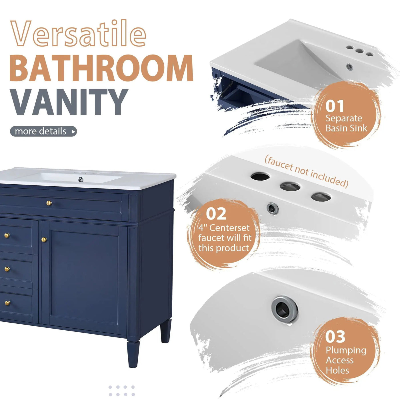 Bathroom Vanity With Mirror Cabinet, Single Sink With 2 Soft Closing Doors And 4 Drawers by Unique Piece Furniture