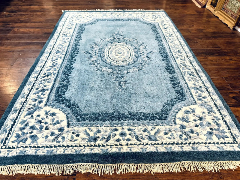 Indo Chinese Aubusson Rug 6x9, Light Blue and Ivory, Handmade Vintage Wool Carpet by Jewel Rugs