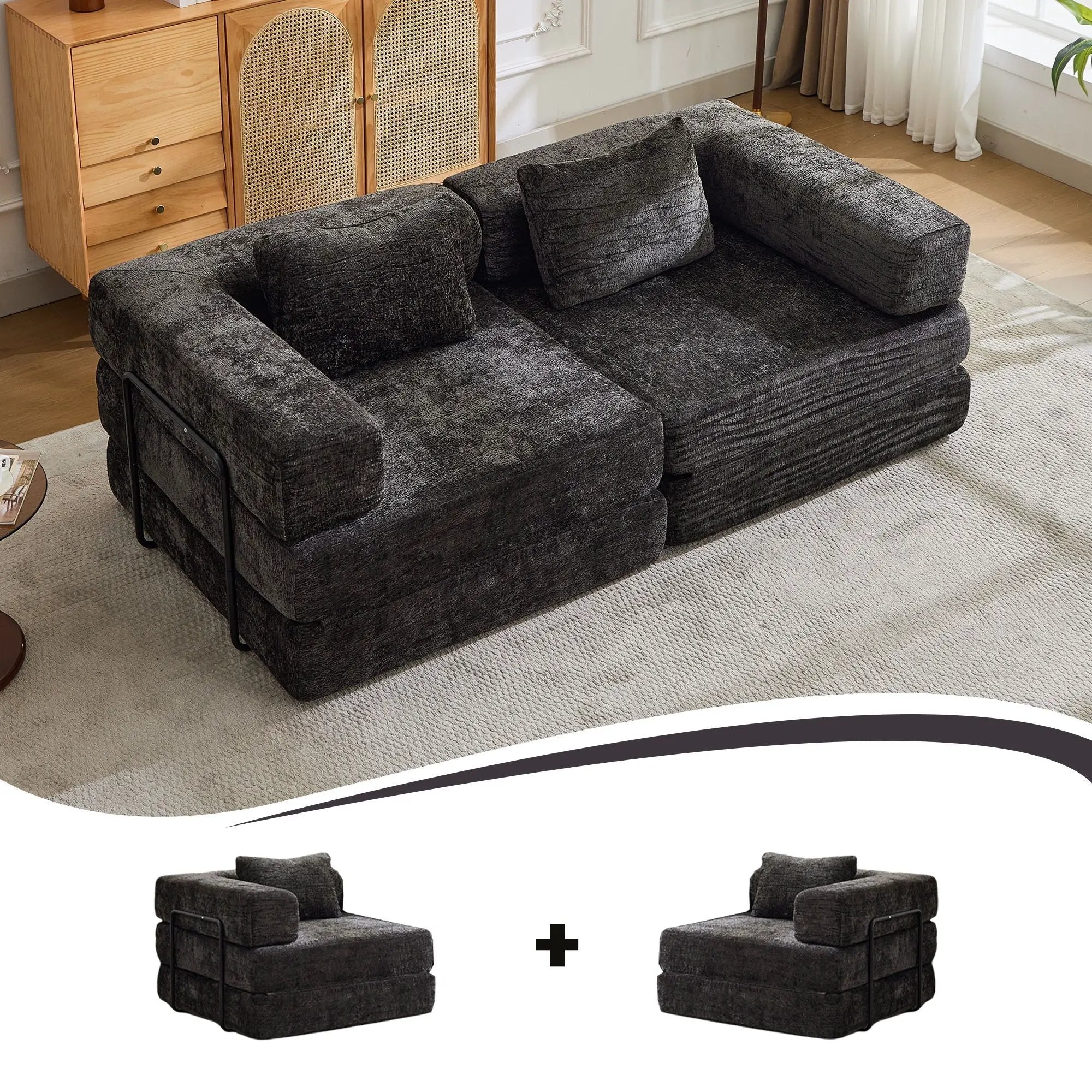 Convertible Floor Sofa Bed With Pillow Back Support Armrest by Unique Piece Furniture