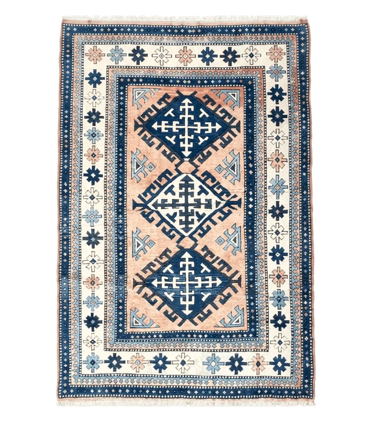 Turkish Kazak Rug 5x8 ft, Bold Geometric Bohemian Carpet, Blue and Ivory Hand Knotted Area Rug, Medium Sized High Quality Wool Oriental Rug by Jewel Rugs