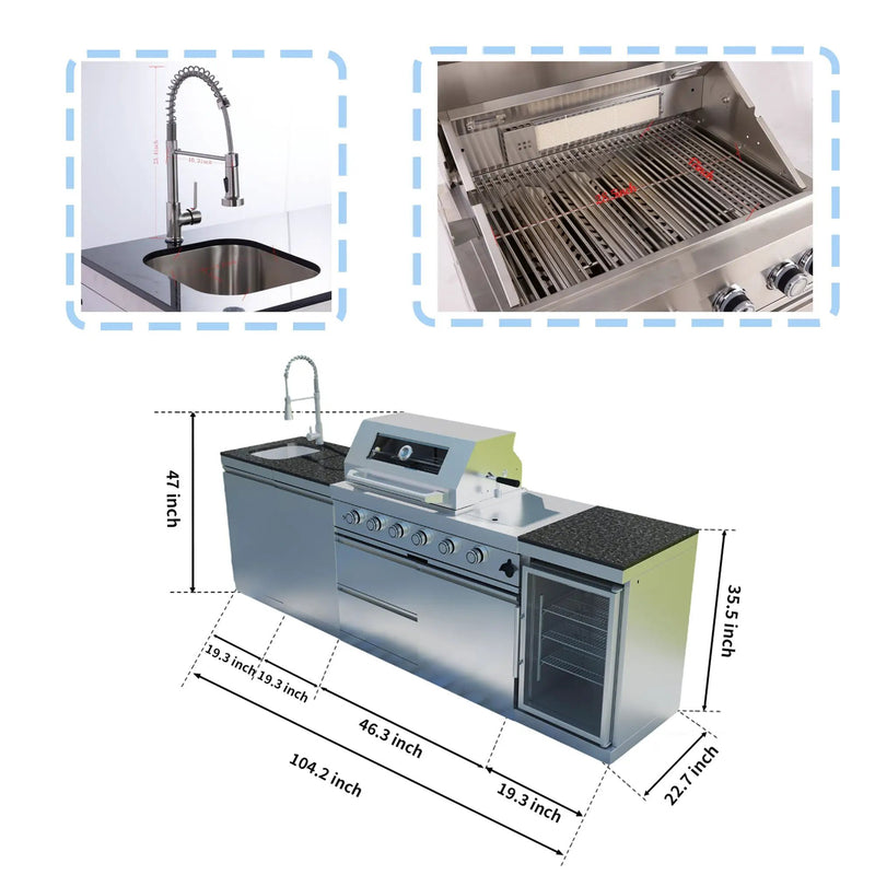 104" 4-Burner 72,000 BTU Silver Outdoor Kitchen Island Grill with Storage Cabinets & Drawers by Chery Industrial