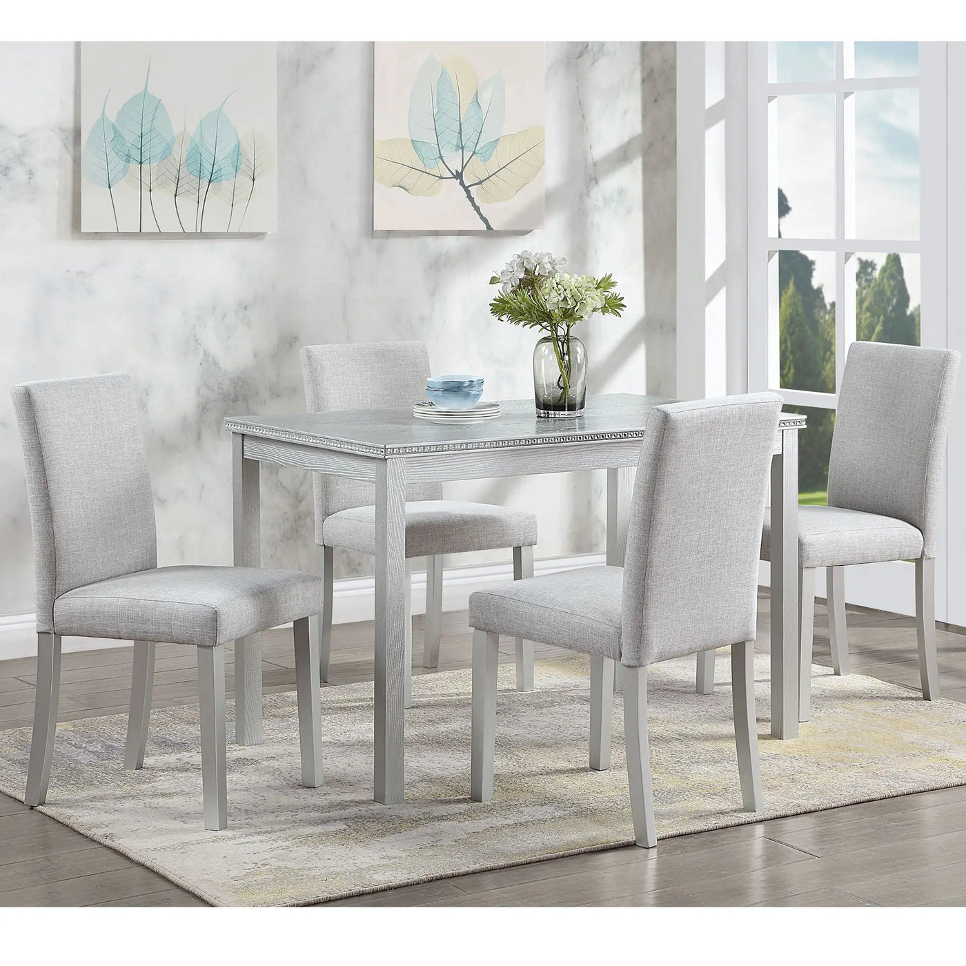 Dining Table Set With Crystal Decoration And Upholstered Chairs by Unique Piece Furniture