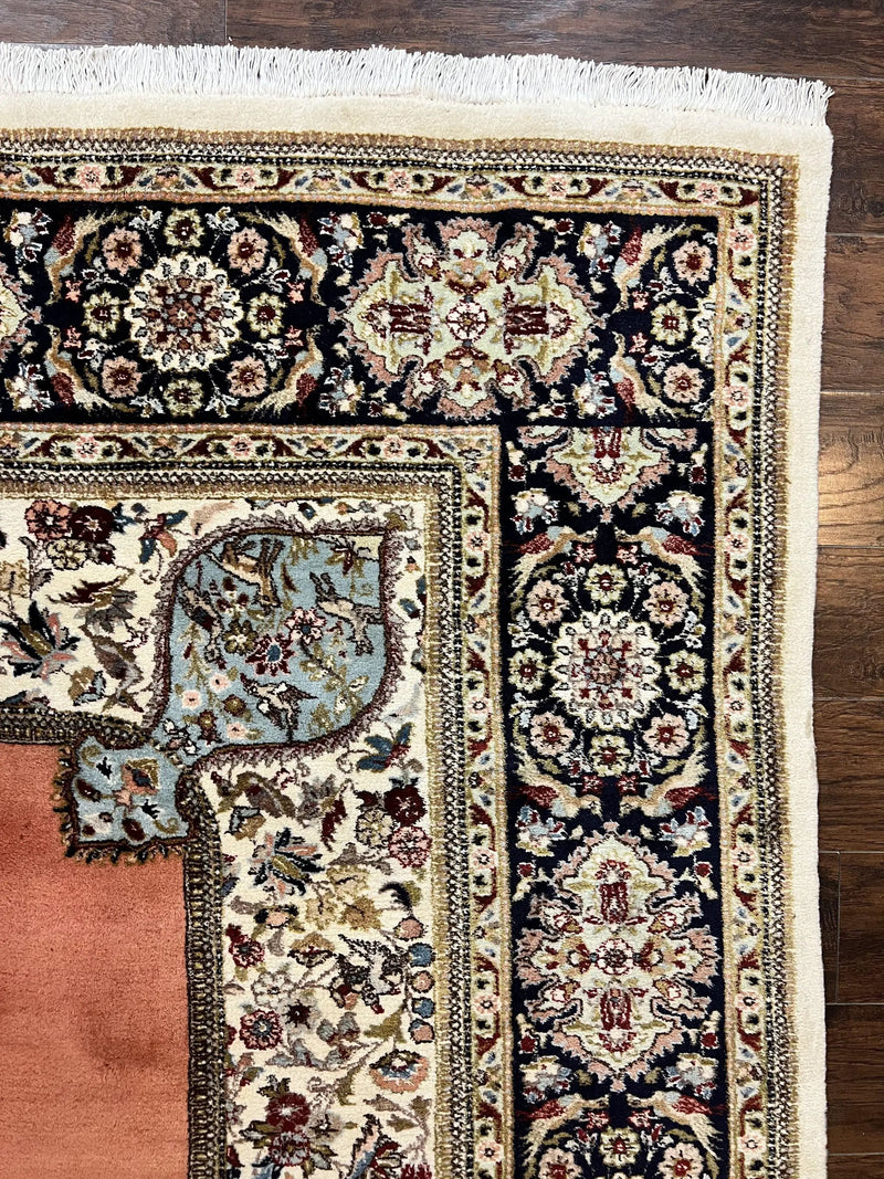 Persian Tabriz Rug 10x13, Wool Hand Knotted Vintage Carpet, Salmon Red & Ivory, Semi Open Field, Birds & Animal Motifs, Large Rug by Jewel Rugs