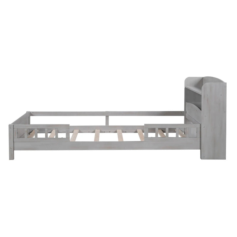 Wood Platform Bed With Built In LED Light, Storage Headboard And Guardrail