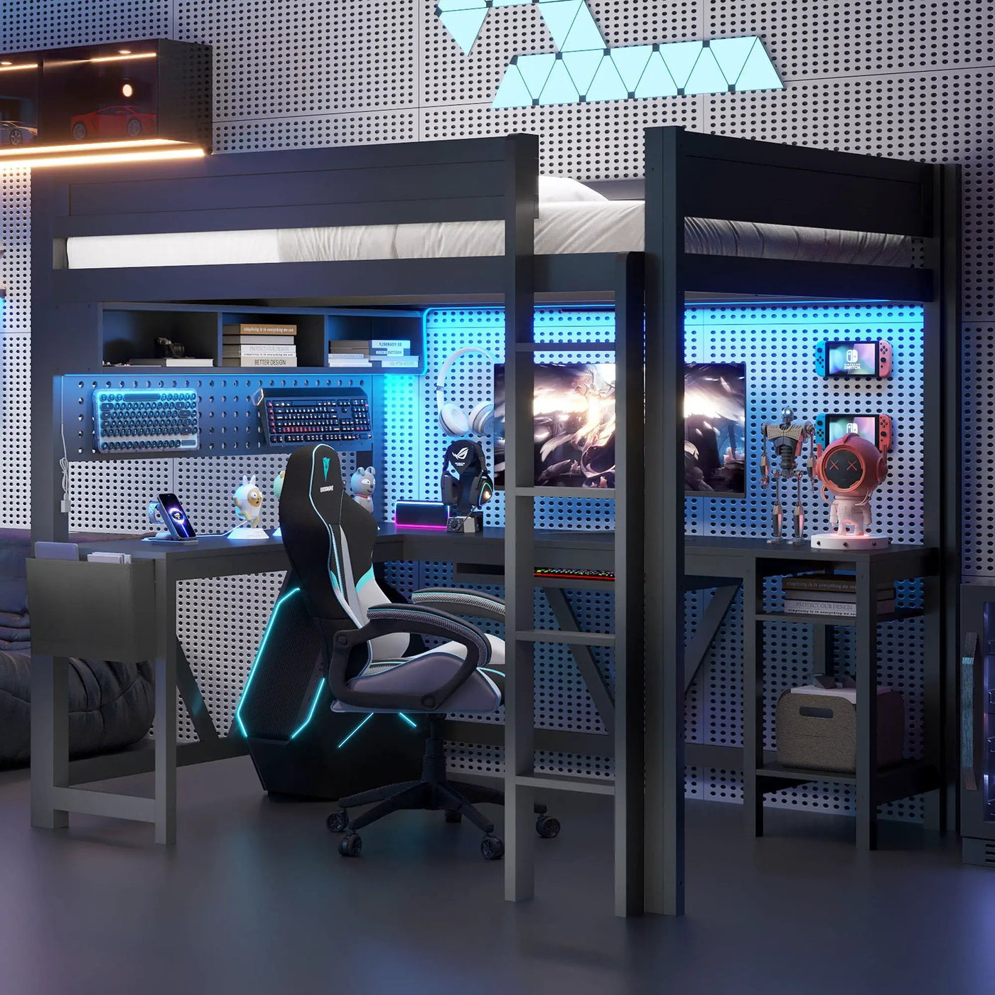 Gaming Loft Bed With Desk, Storage Shelves, LED And Charging Station by Unique Piece Furniture