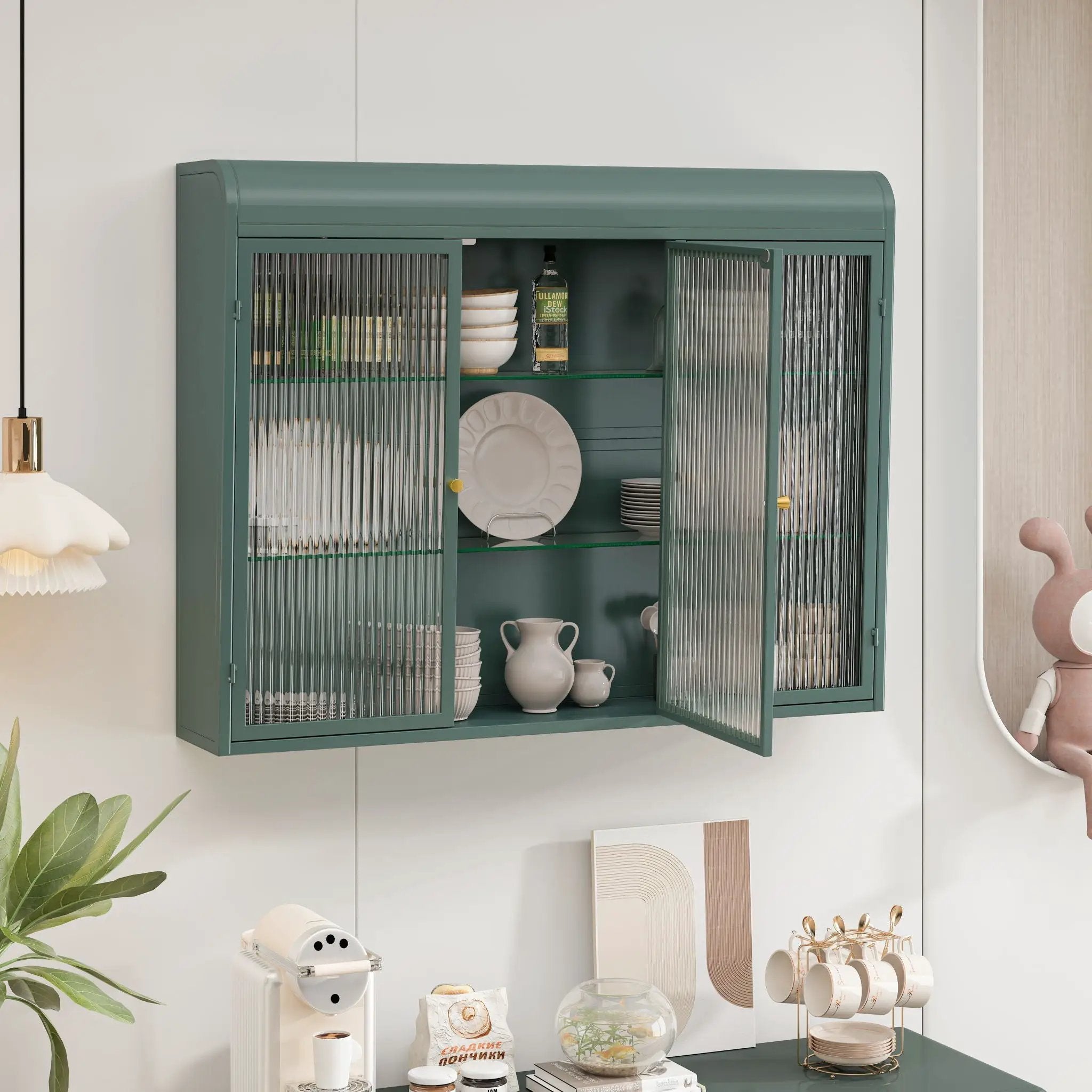 Arched Wall Mounted Cabinet, 3 Door Storage For Kitchen - Dark Green by HouseOfZazla