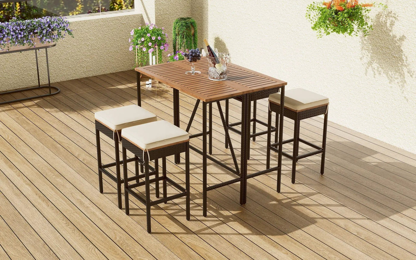 Outdoor Acacia Wood Bar Height Table and Eight Stools with Cushions by HouseOfZazla