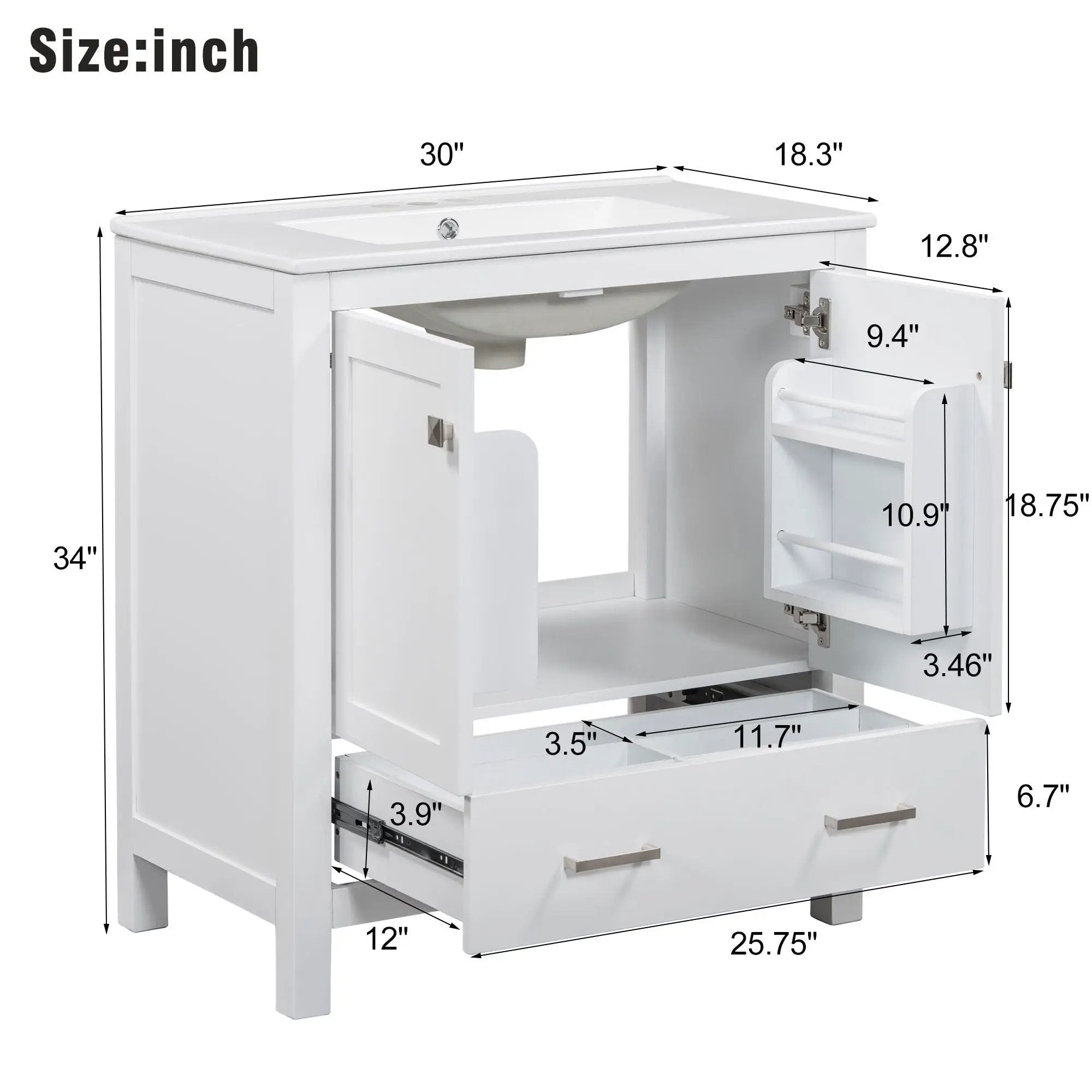 Bathroom Vanity With Single Sink, Combo Cabinet Undermount Sink, Bathroom Storage Cabinet With Two Doors And A Drawer, Soft Closing, Multifunctional Storage, Solid Wood Frame by HouseOfZazla