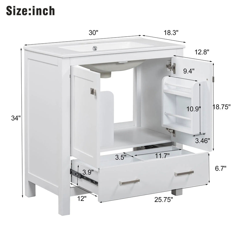 Bathroom Vanity With Single Sink, Combo Cabinet Undermount Sink, Bathroom Storage Cabinet With Two Doors And A Drawer, Soft Closing, Multifunctional Storage, Solid Wood Frame by HouseOfZazla