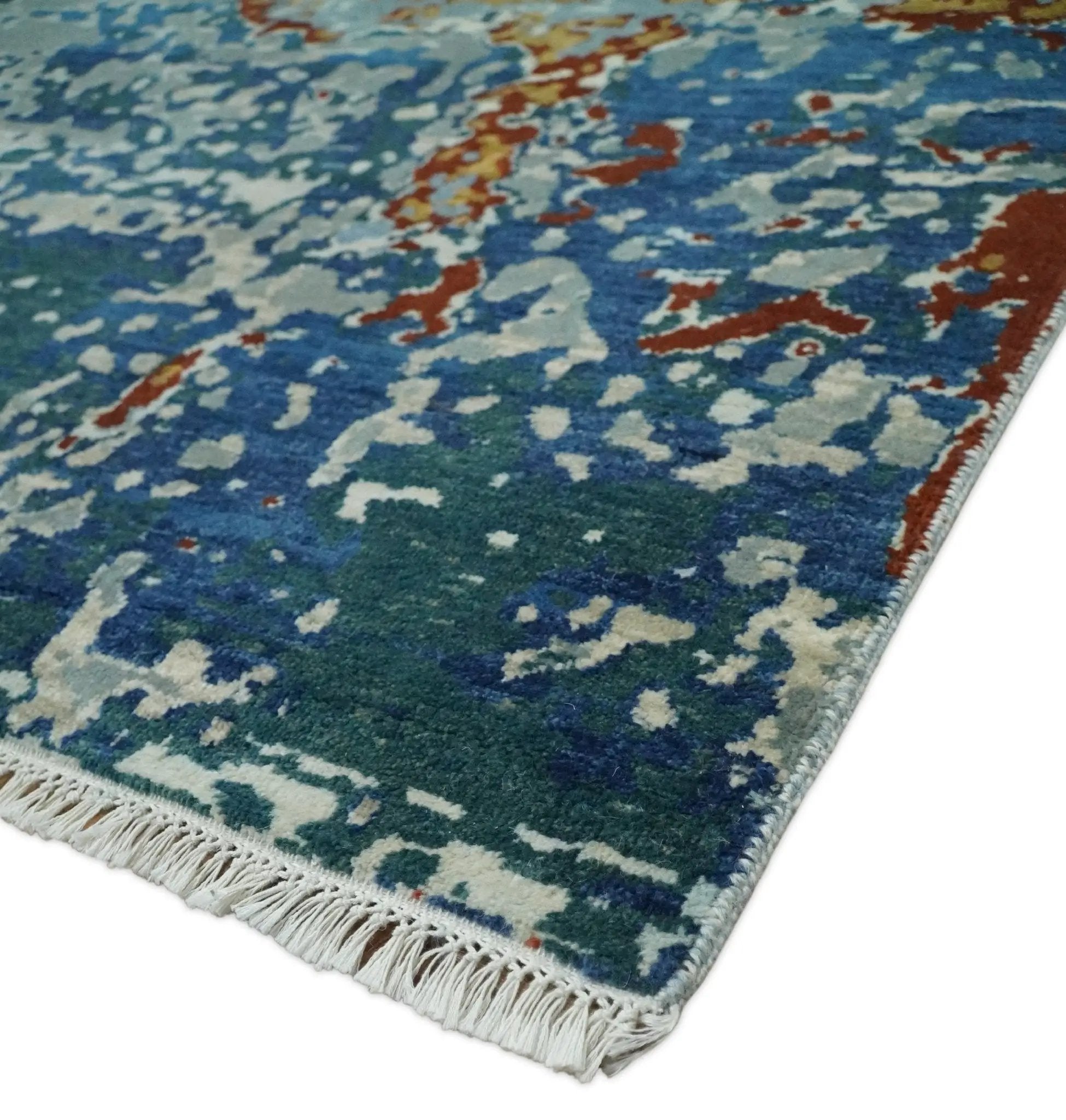 2.6x10 Fine Hand Knotted Blue Modern Abstract Wool and Silk Runner Area Rug | AGR12 by The Rug Decor