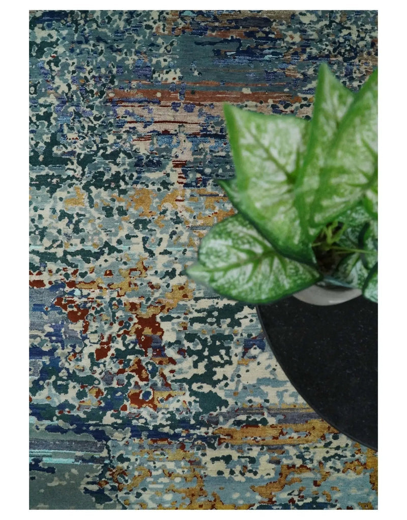 2.6x10 Fine Hand Knotted Blue Modern Abstract Wool and Silk Runner Area Rug | AGR12 by The Rug Decor