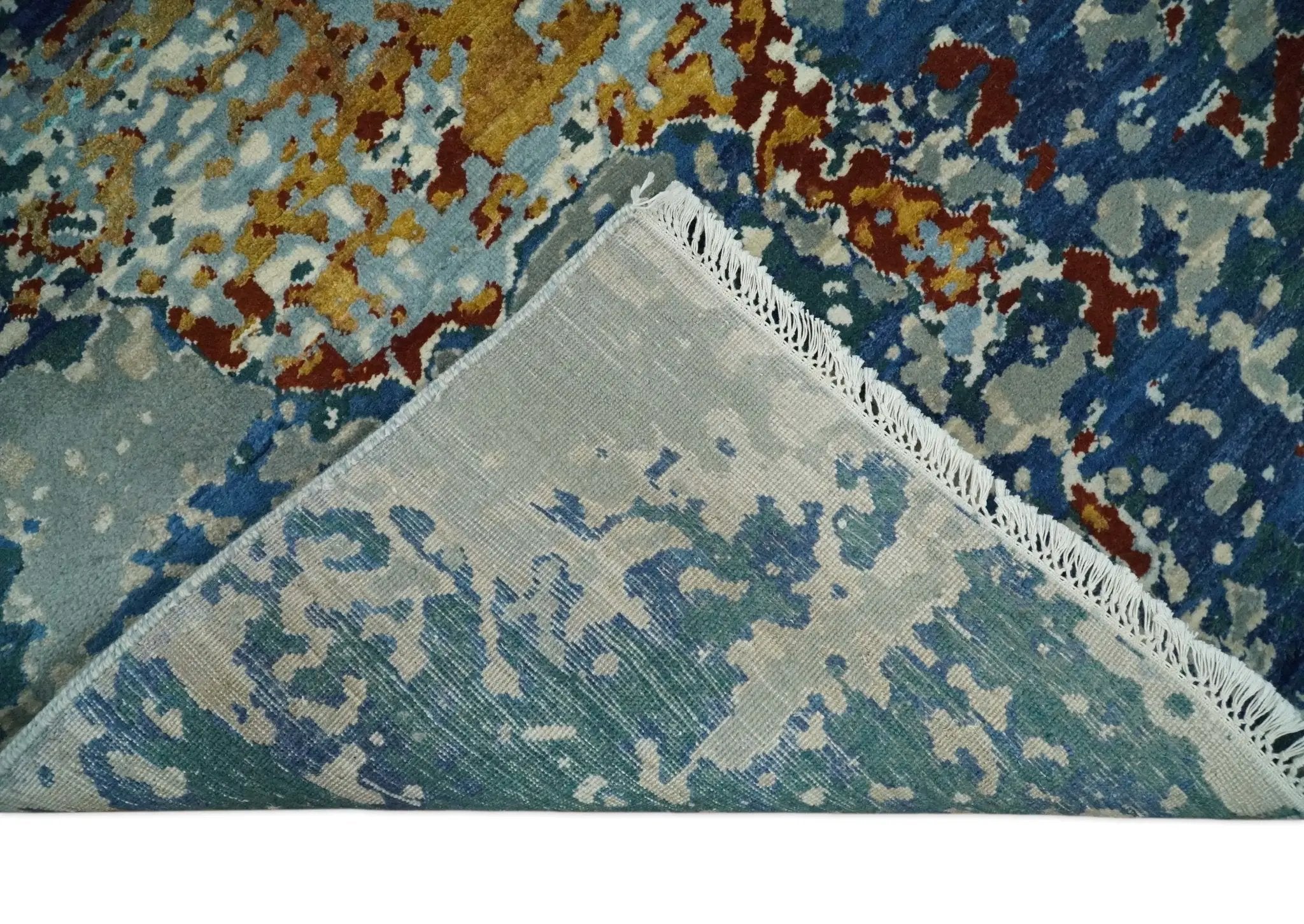 2.6x10 Fine Hand Knotted Blue Modern Abstract Wool and Silk Runner Area Rug | AGR12 by The Rug Decor
