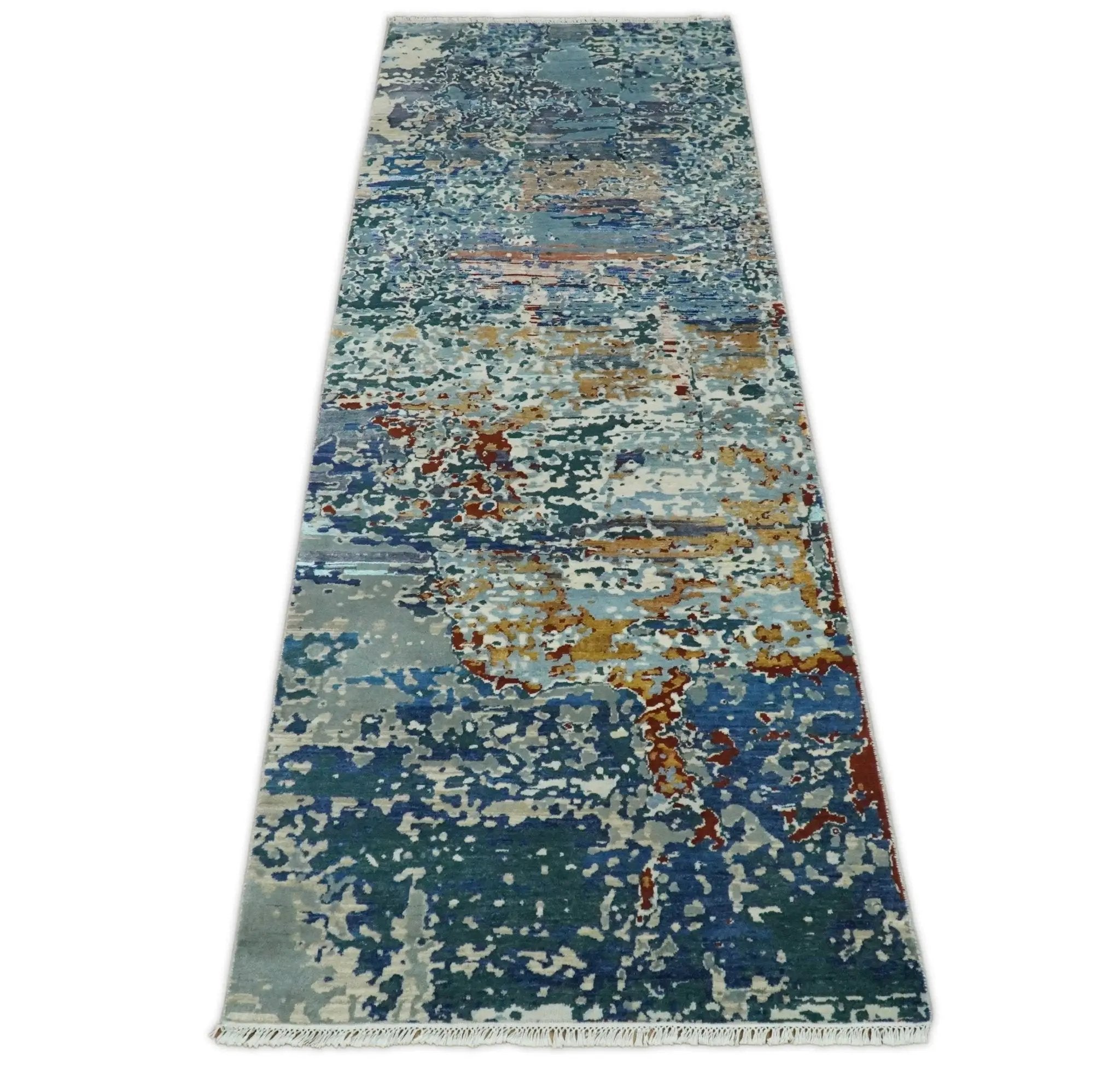 2.6x10 Fine Hand Knotted Blue Modern Abstract Wool and Silk Runner Area Rug | AGR12 by The Rug Decor