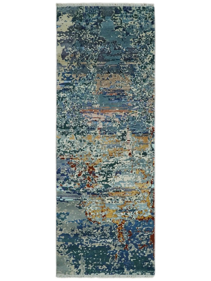 2.6x10 Fine Hand Knotted Blue Modern Abstract Wool and Silk Runner Area Rug | AGR12 by The Rug Decor
