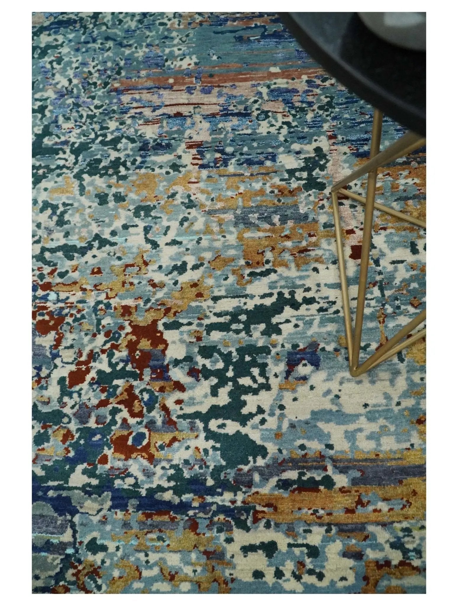 2.6x10 Fine Hand Knotted Blue Modern Abstract Wool and Silk Runner Area Rug | AGR12 by The Rug Decor