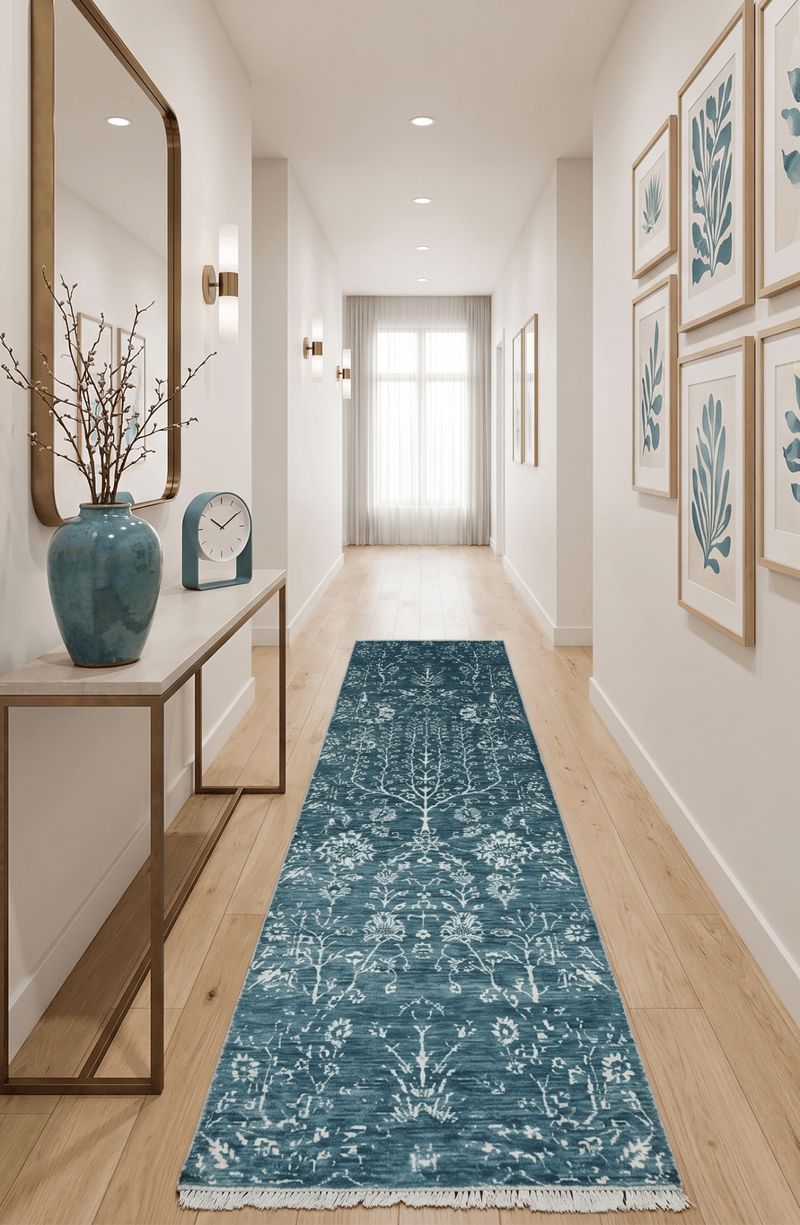 2.6x10 Fine Hand Knotted White and Blue Traditional Persian Style Antique Wool Rug by The Rug Decor