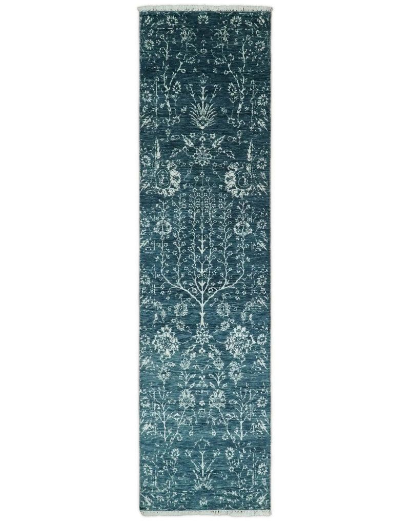 2.6x10 Fine Hand Knotted White and Blue Traditional Persian Style Antique Wool Rug by The Rug Decor
