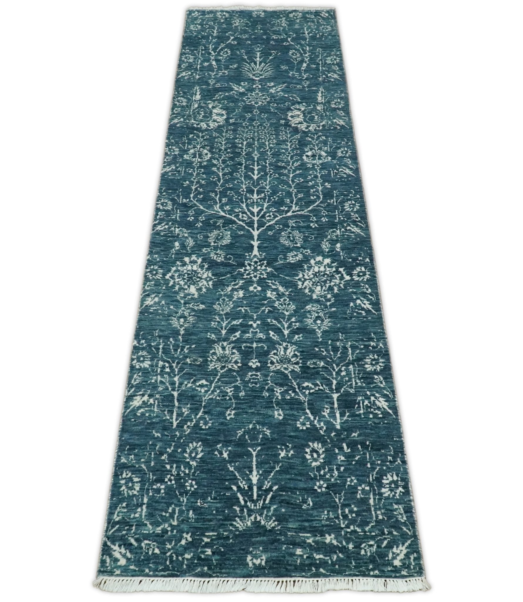 2.6x10 Fine Hand Knotted White and Blue Traditional Persian Style Antique Wool Rug by The Rug Decor