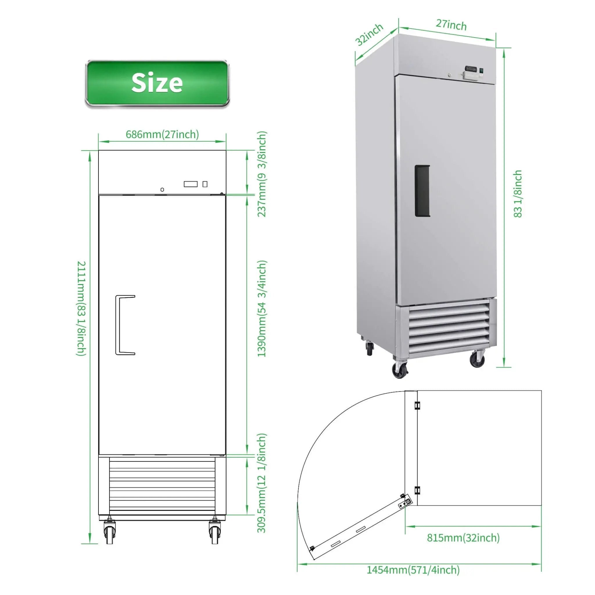 27-Inch Commercial 23 Cu.Ft Reach-In Stainless Steel Freezer (SAK96352) by SAKSBY WHOLESALE