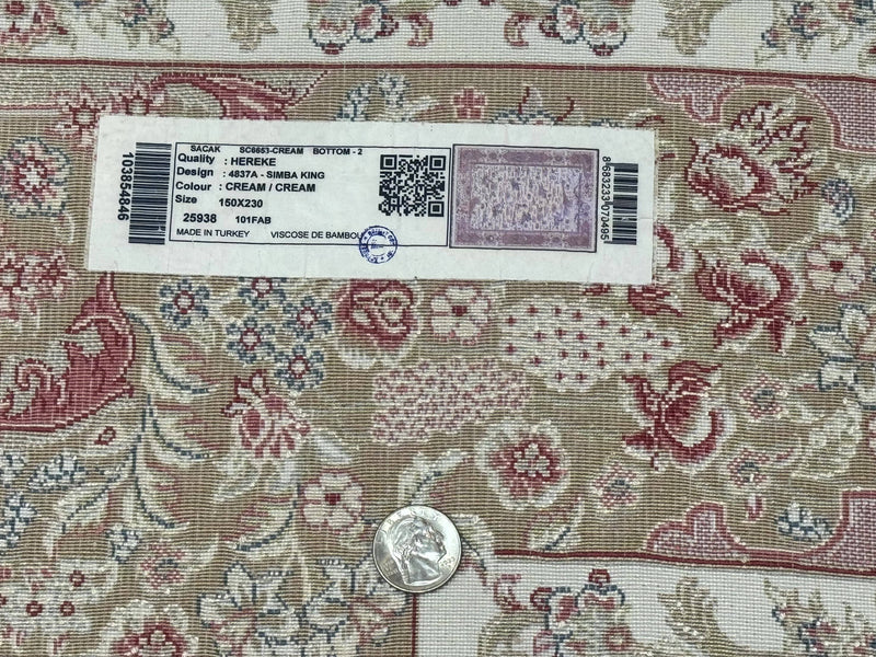 Turkish Silk Rug 5x8, Ivory, Hunting Design, Animal Pictorials, Bamboo Silk by Jewel Rugs