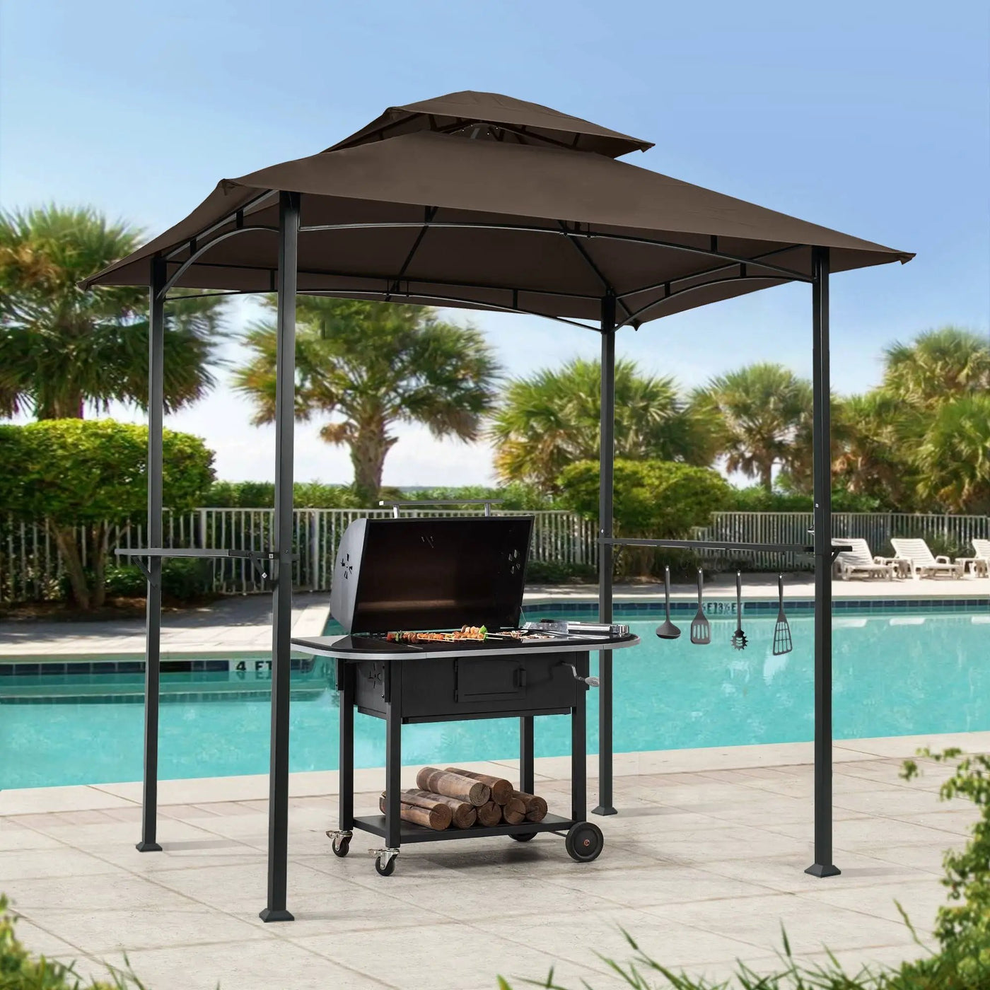 Outdoor Grill Gazebo With Double Tier Soft Top Canopy, Steel Frame, Bar Counters & Hook by Unique Piece Furniture