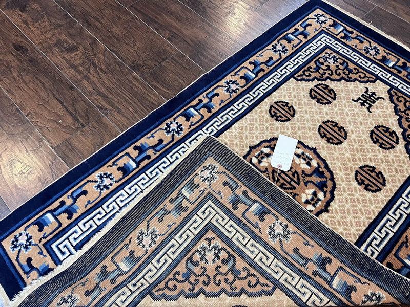 Chinese Peking Rug 3x5, Antique Chinese Art Deco Carpet, Blue Ivory Tan, Hand Knotted Wool Asian Oriental Rug 3 x 5 Vintage Small Peking Rug by Jewel Rugs