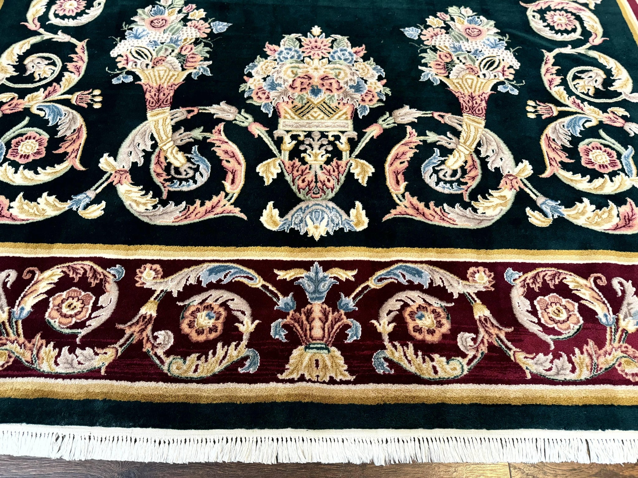 Aubusson Rug 9x12, Dark Green, European Design, Vintage Fine Handmade Carpet, Elegant by Jewel Rugs