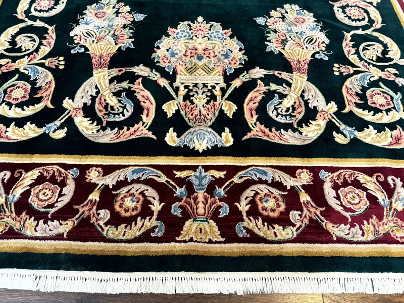 Aubusson Rug 9x12, Dark Green, European Design, Vintage Fine Handmade Carpet, Elegant by Jewel Rugs