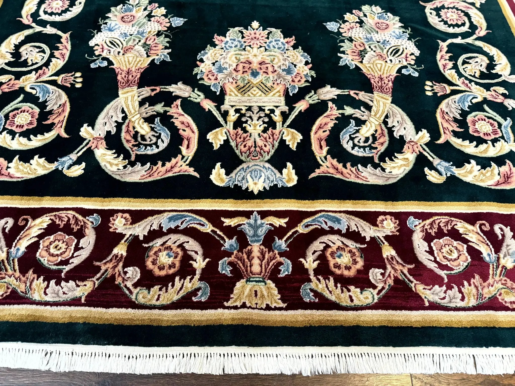 Aubusson Rug 9x12, Dark Green, European Design, Vintage Fine Handmade Carpet, Elegant by Jewel Rugs