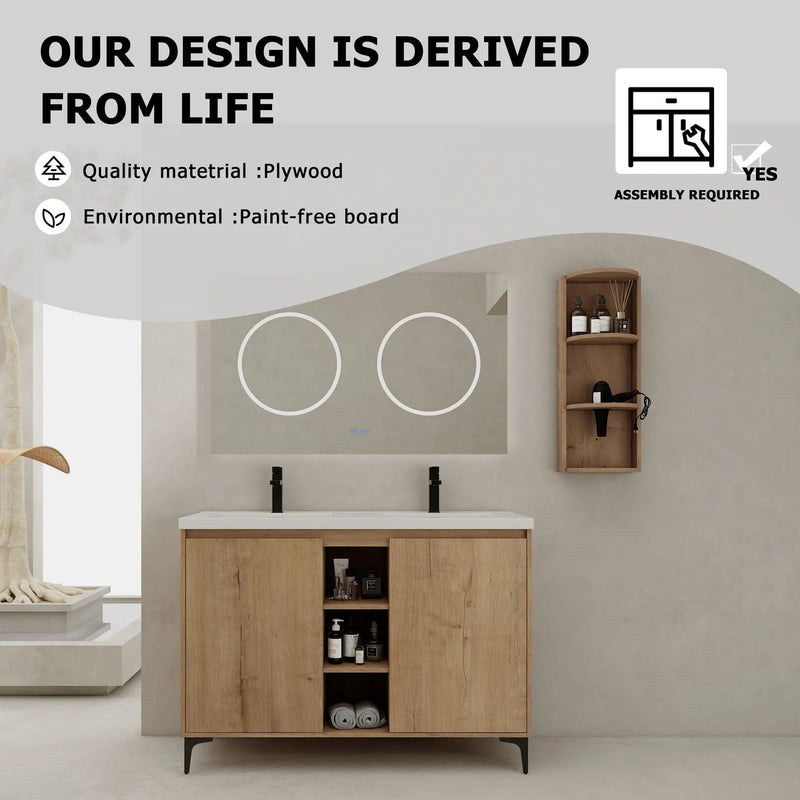 Elegant 48" Freestanding Bathroom Vanity With Double Resin Sink And Storage Rack Soft Close Doors - Imitative Oak by HouseOfZazla