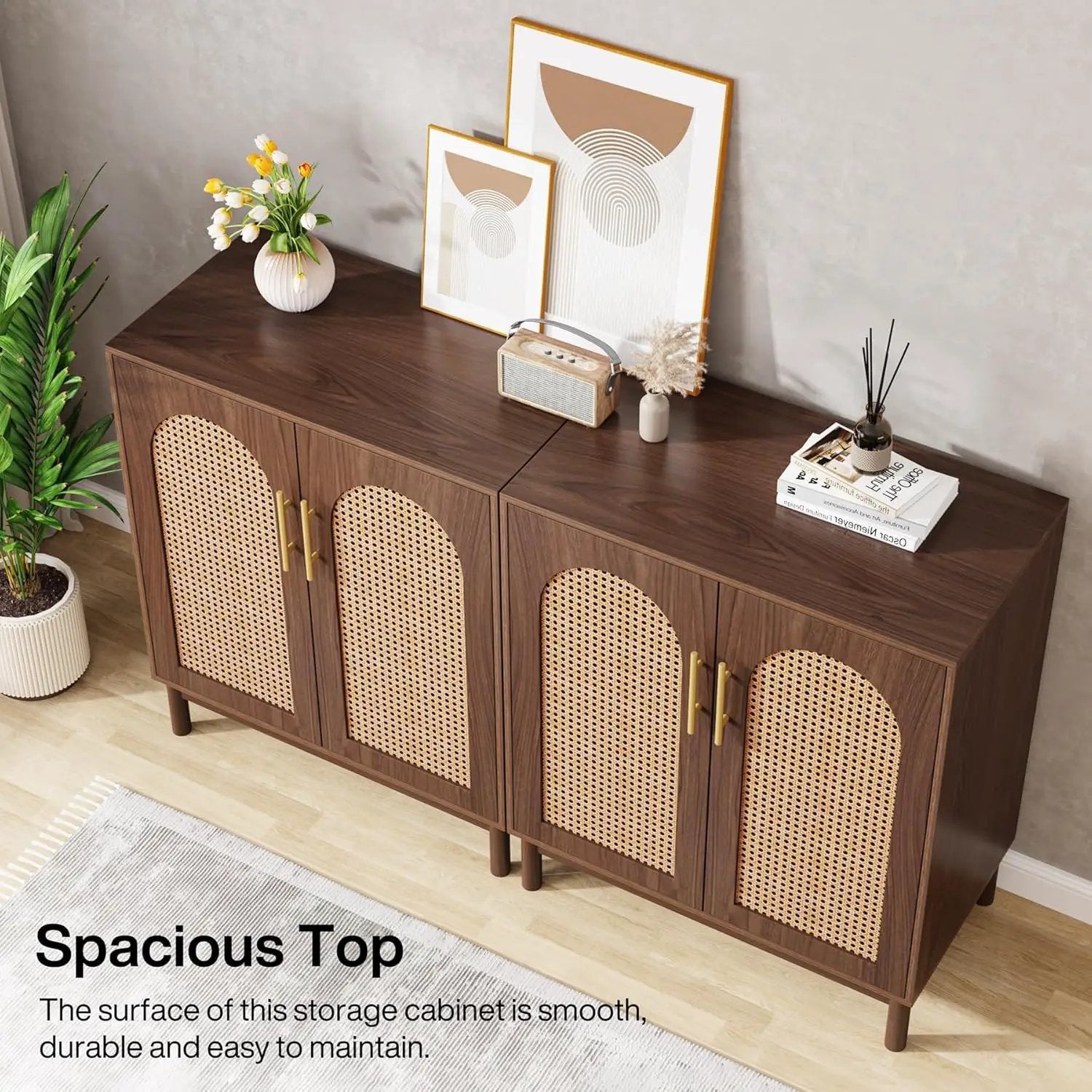 Sideboard Buffet Cabinet With Handwoven Rattan Doors (Set of 2) - Dark Brown by HouseOfZazla