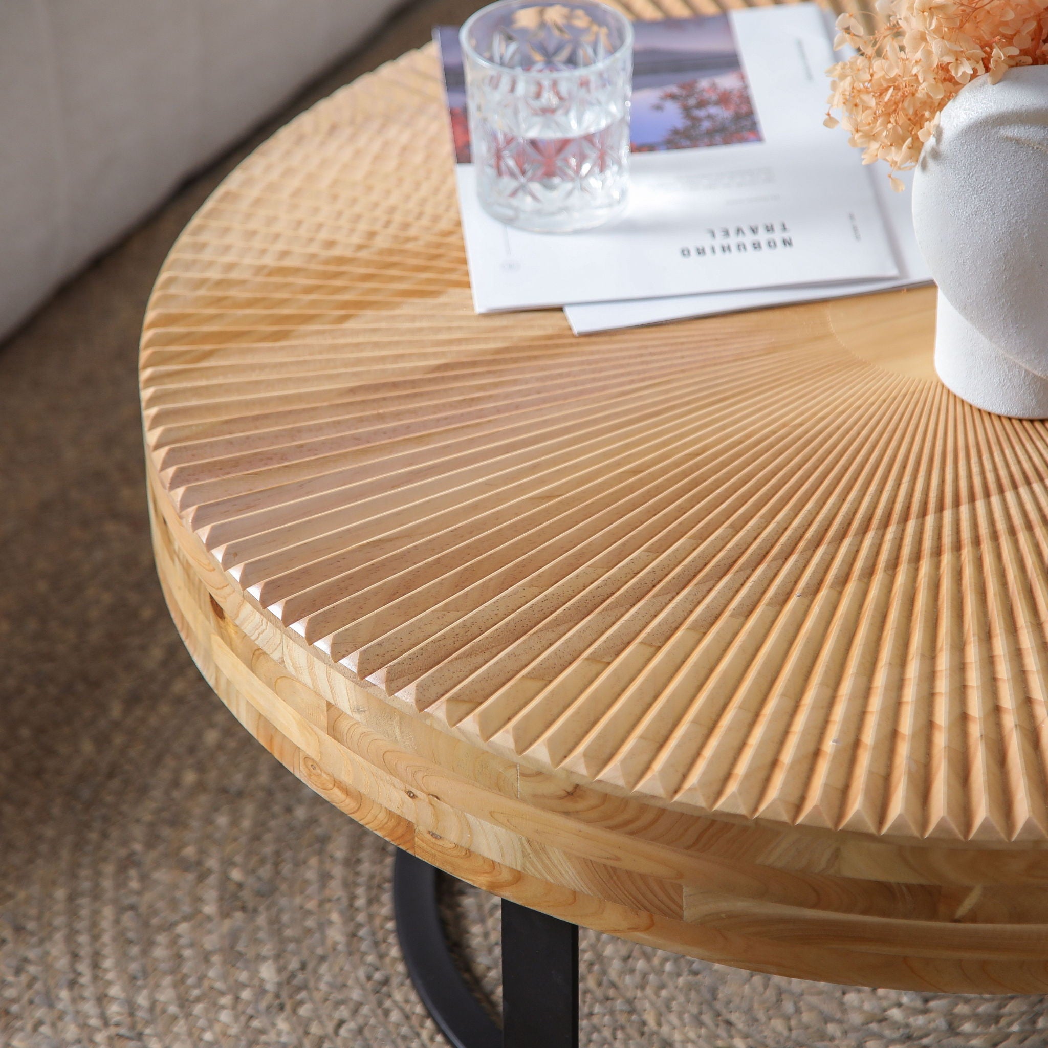 Modern Round Coffee Table With Wooden Carving Pattern by Unique Piece Furniture