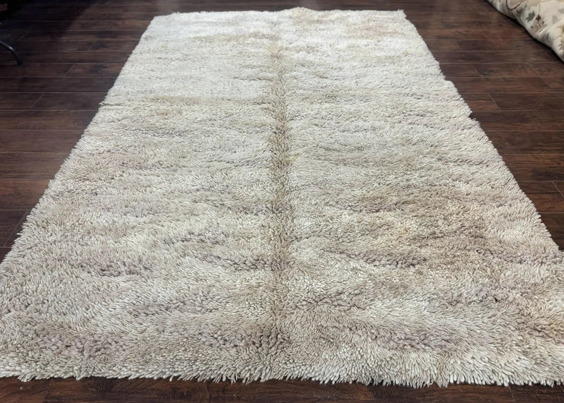 European Rya Shag Rug 6.6 x 9.7, Beige, Fluffy Vintage Area Rug by Jewel Rugs