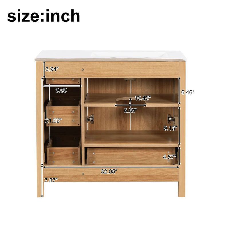 36" Bathroom Vanity, 2 Soft Close Doors, 4 Soft Close Drawers, Adjustable Shelf, Storage Cabinet - Acacia Wood by HouseOfZazla