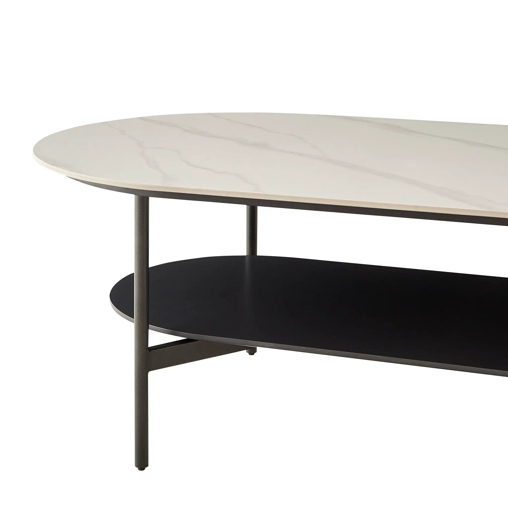 Contemporary Coffee Table Sintered Stone Surface With Ceramic Finish Double Layer Design Base Matte Shelf Modern Living Room Center Table - White / Gray by HouseOfZazla