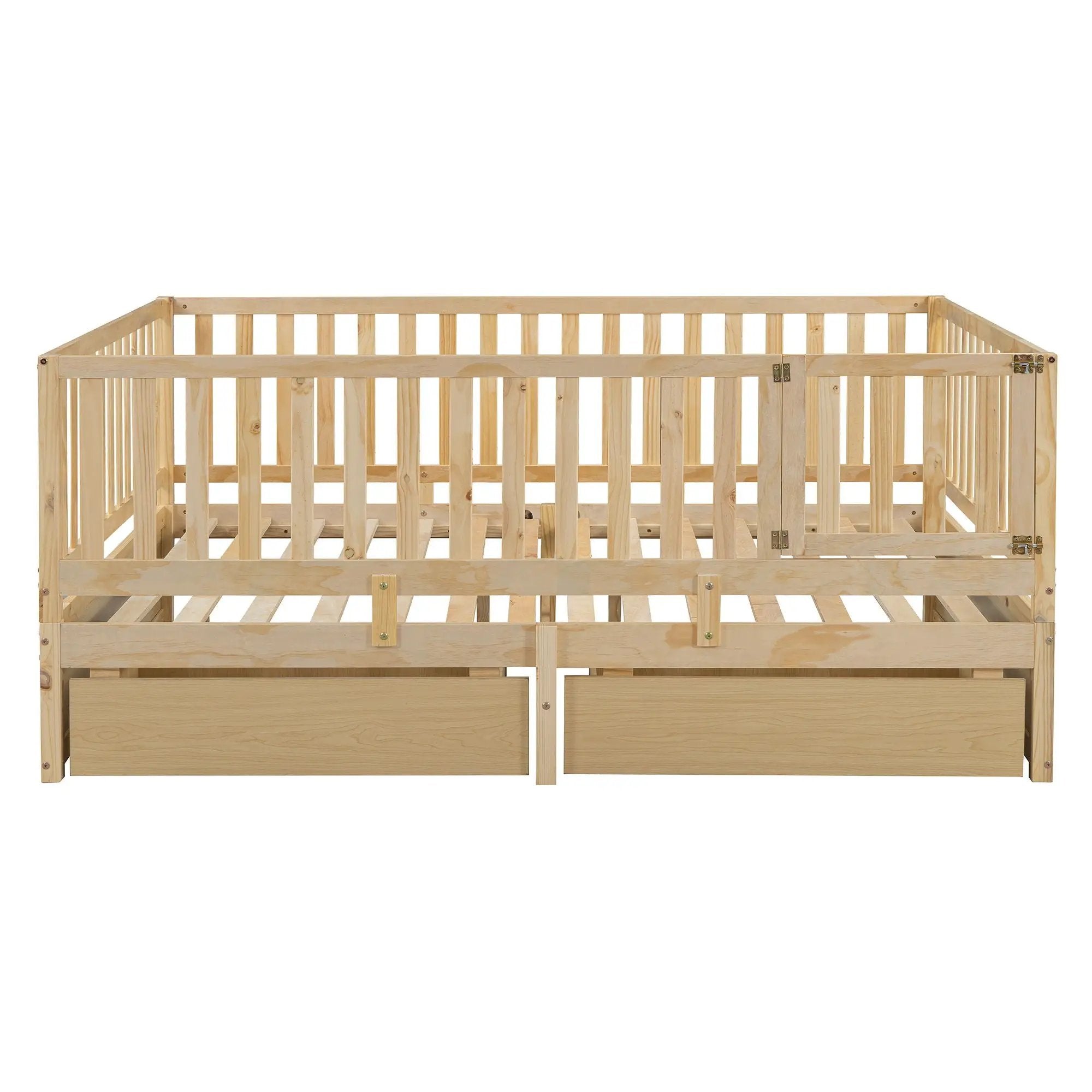 Daybed With Fence Guardrails And 2 Drawers, Split Into Independent Floor Bed & Daybed by HouseOfZazla
