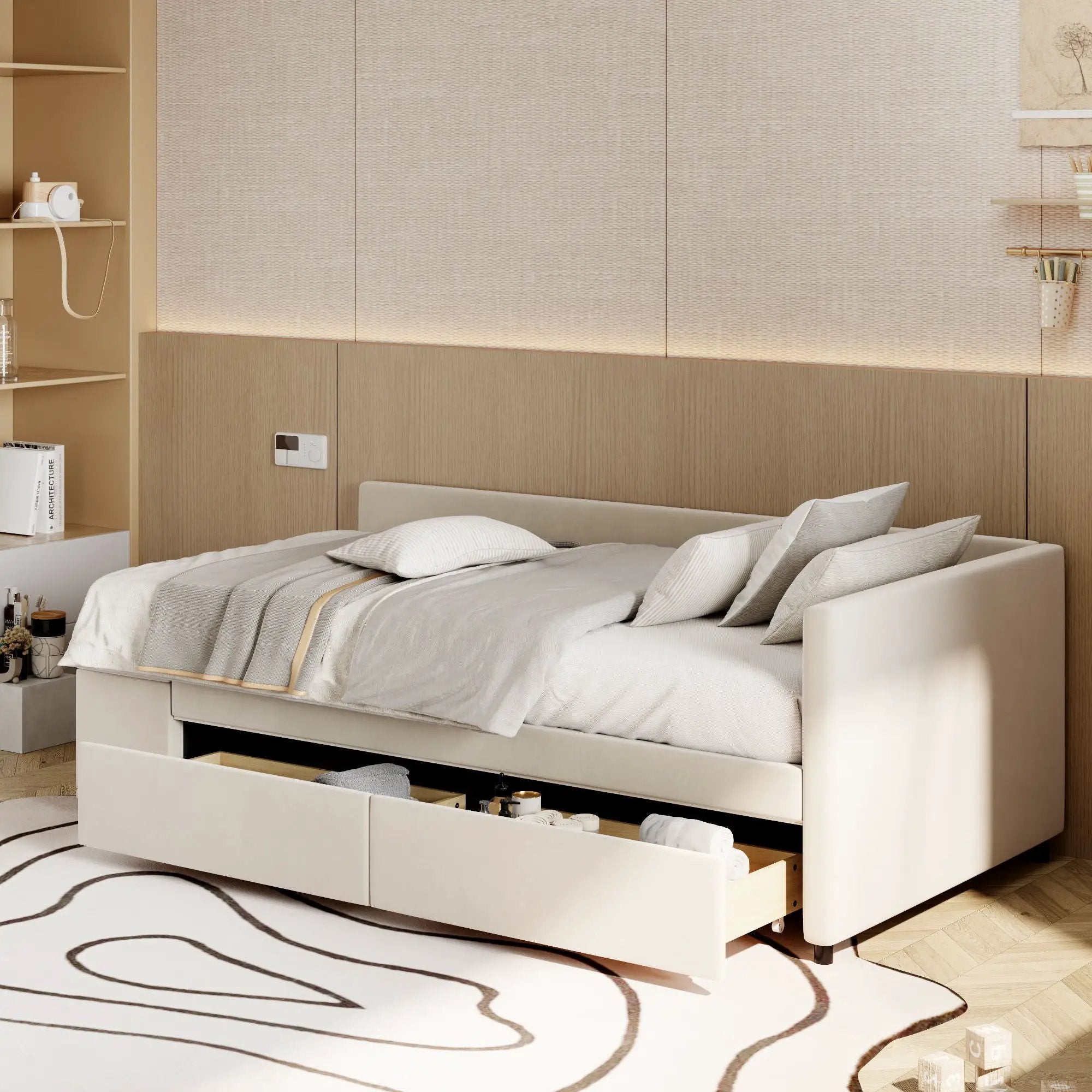L Shaped Upholstered Platform Bed With Storage And Drawers by Unique Piece Furniture