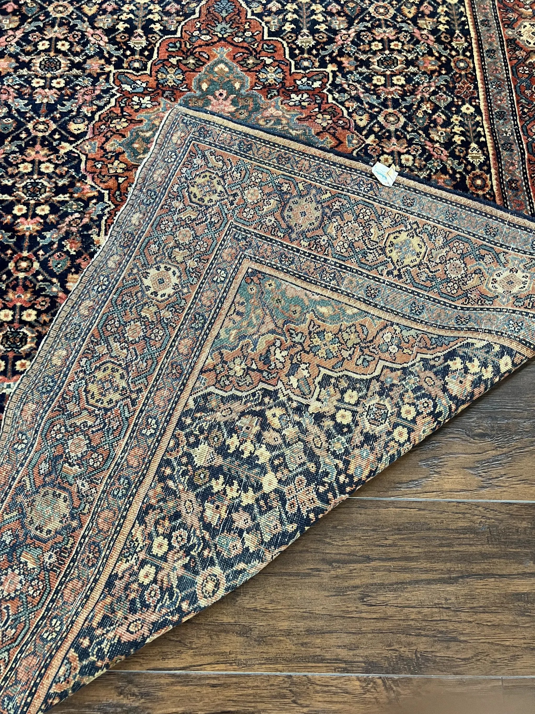 Persian Rug 4x7 Antique Sarouk Farahan Carpet, Navy Blue and Red Wool Rug by Jewel Rugs