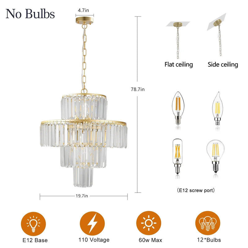 (Same as W1340126461/L5023) 20' Luxury 4-Tier Crystal Chandelier, 12-Light Gold Frame Pendant Light, Elegant Ceiling Lighting for Living Room, Dining Room, Bedroom (No Bulbs) by HouseOfZazla